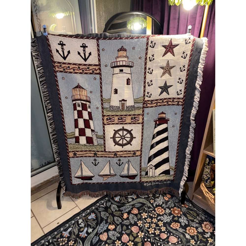Vintage Nautical Lighthouse Woven Tapestry Throw Blanket 41x45